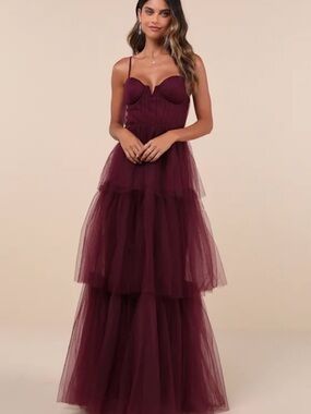 Lulu's Burgundy Tulle Tiered Spaghetti-Strap Maxi Dress
